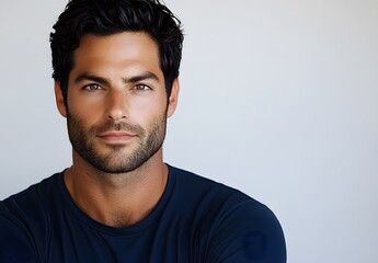 Fototapeta premium Handsome Man with Dark Hair and Beard Wearing a Blue Shirt