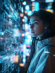 Software engineer analyzing data on futuristic transparent display in modern server room
