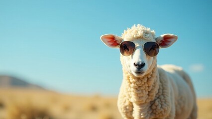 Fototapeta premium A fluffy lamb, sporting stylish sunglasses, gazes directly at the camera against a backdrop of a sun-drenched, tranquil landscape.