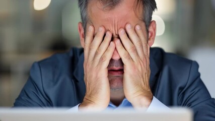 Frustrated businessman experiencing problems looking at the camera in front of his laptop computer at work	
 - Powered by Adobe