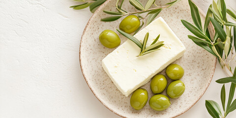 Block of feta cheese lying on ceramic plate with green olives and olive tree branches, creating a mediterranean appetizer