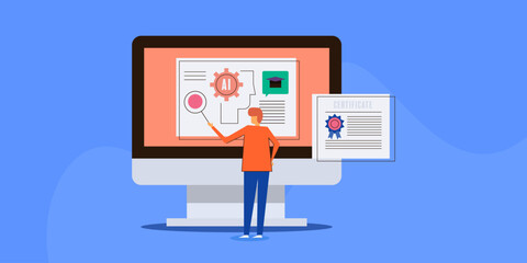 AI course certificate program, online education and AI technology expert, student searching for learning artificial intelligence concept, vector illustration.