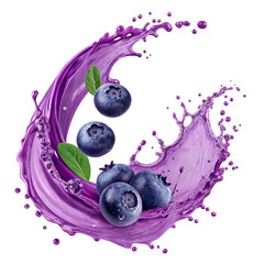 A purple liquid splash with Blueberries isolated transparent background