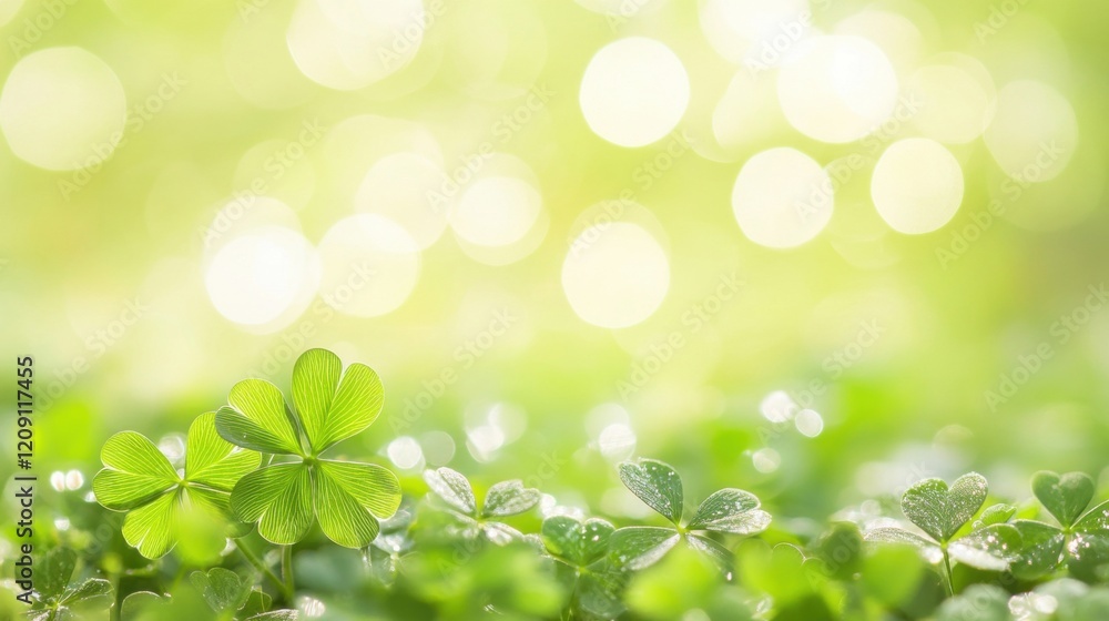 Poster bright clover leaves are scattered against a smooth green backdrop, creating a serene atmosphere enh