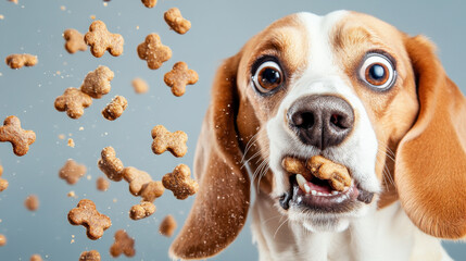 beagle dog eagerly catching crunchy treats in mid air, showcasing excitement and joy. playful scene captures dog expressive eyes and mouth full of snacks