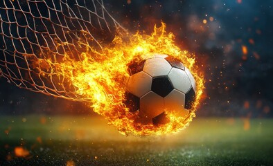 Fototapeta premium Dynamic Flaming Soccer Ball Burst Through Net With Dramatic Lighting