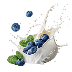 Fresh blueberries with a white splash on a transparent background