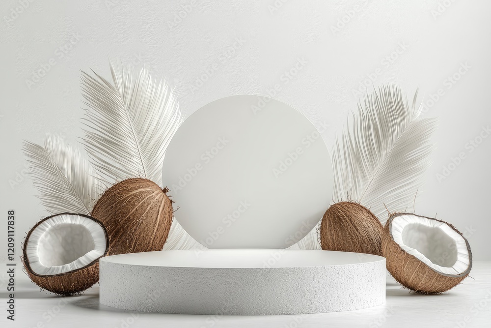 Poster the white empty podium is round in shape arranged on a white background with coconut slices behind t