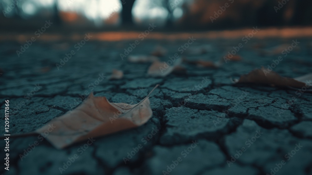 Poster dry cracked soil and scattered fallen leaves create a stark view of an autumn field under fading lig