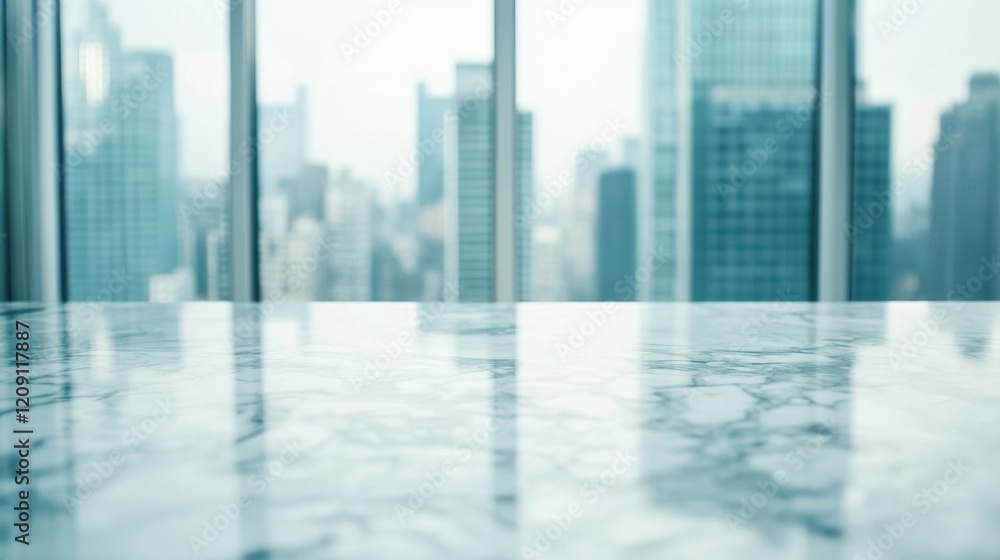 Poster empty marble countertop in a modern office space features large windows with a scenic view of a bust