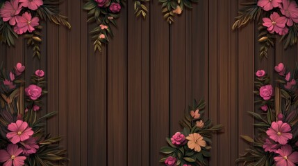Pink Flowers Frame Wooden Background Design