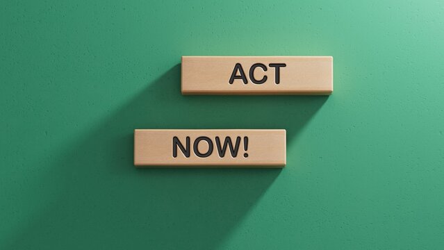 Act now symbol. Wooden blocks with words Act now.Business and Act now concept. Copy space.3D rendering on green background.
