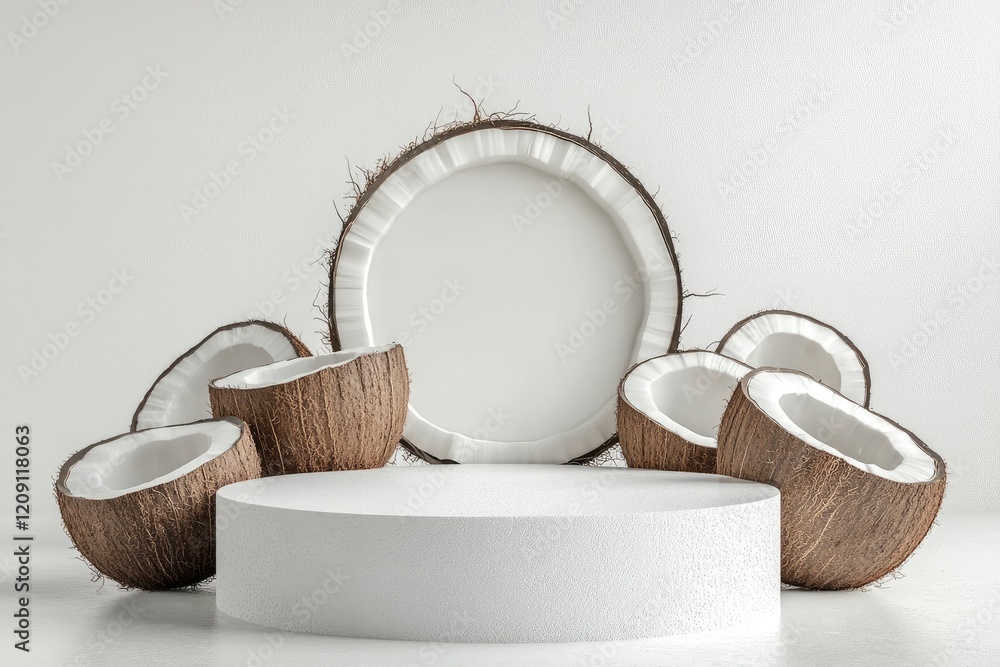 Poster the white empty podium is round in shape arranged on a white background with coconut slices behind t