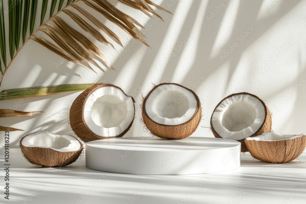 Aufkleber the white empty podium is round in shape arranged on a white background with coconut slices behind t