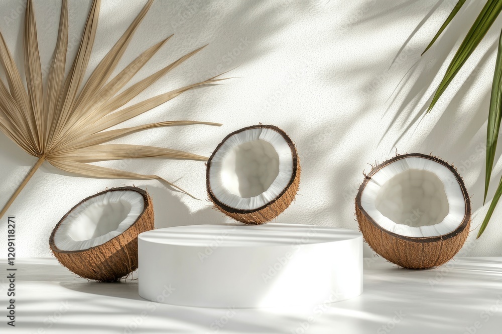 Poster the white empty podium is round in shape arranged on a white background with coconut slices behind t