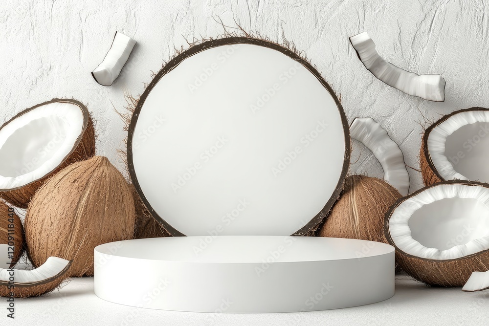 Poster the white empty podium is round in shape arranged on a white background with coconut slices behind t