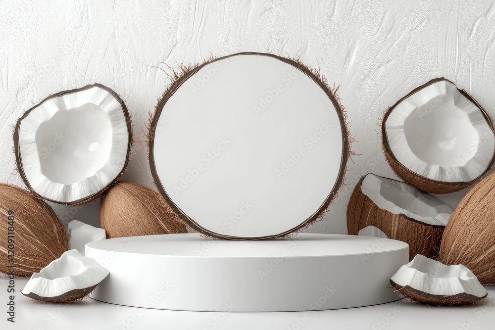 Poster the white empty podium is round in shape arranged on a white background with coconut slices behind t