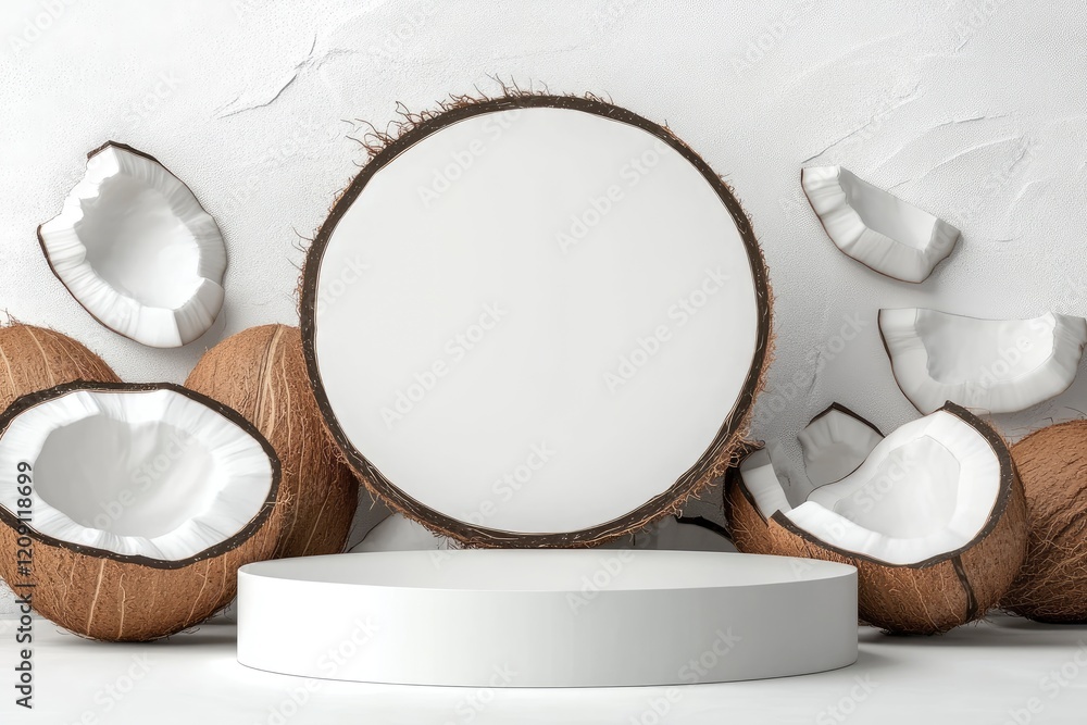 Poster the white empty podium is round in shape arranged on a white background with coconut slices behind t