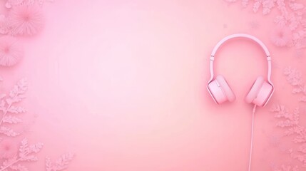 Obraz premium Pink Headphones and Floral Decor on Soft Pink Background