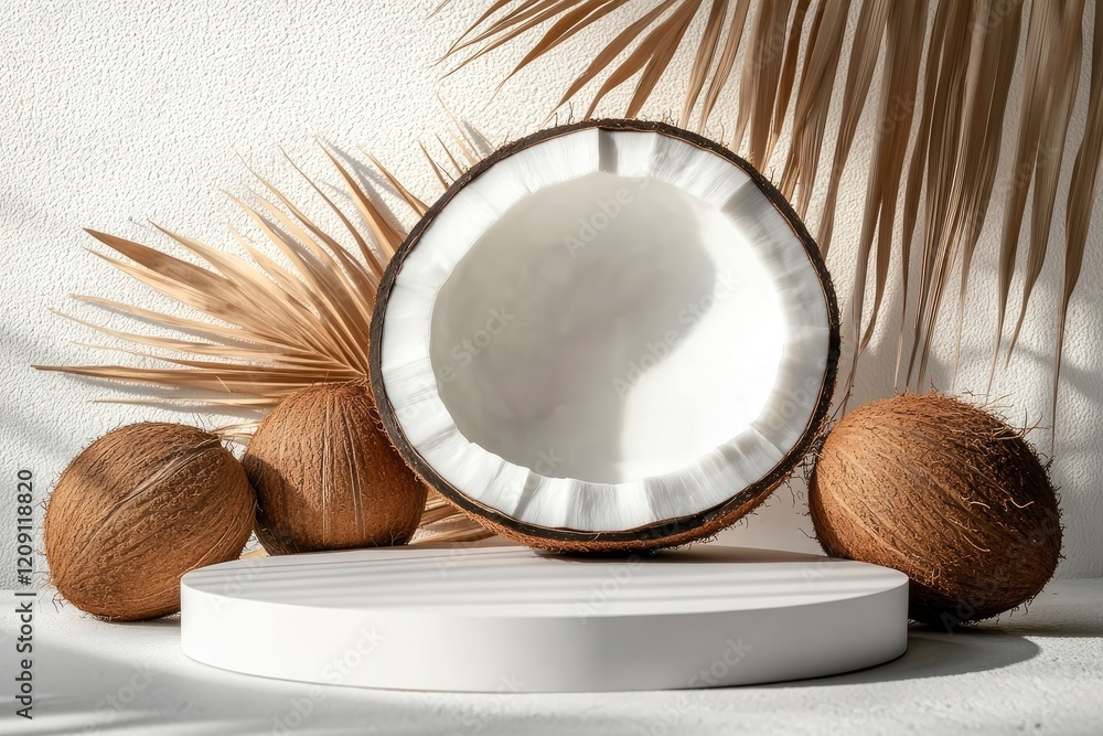 Poster the white empty podium is round in shape arranged on a white background with coconut slices behind t