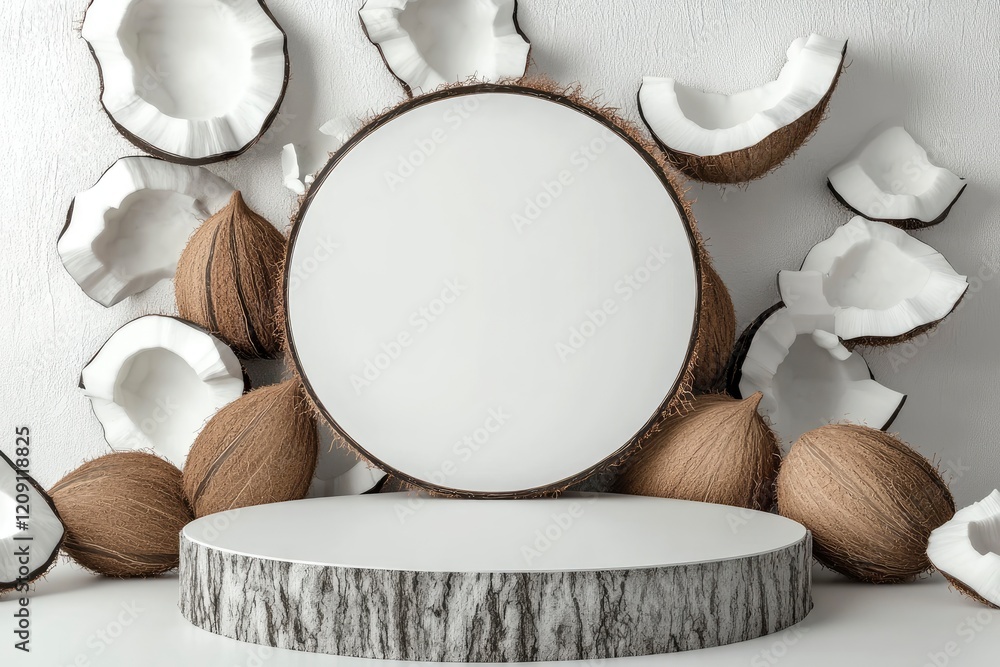 Aufkleber the white empty podium is round in shape arranged on a white background with coconut slices behind t