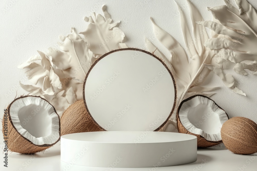 Poster the white empty podium is round in shape arranged on a white background with coconut slices behind t