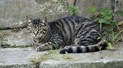 Obraz premium Stray Cat Laying on the Ground, Serene Feline Relaxation Photography