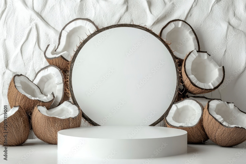Poster the white empty podium is round in shape arranged on a white background with coconut slices behind t