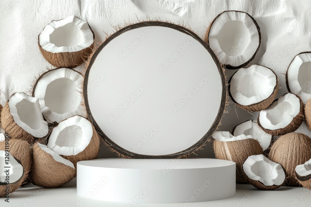 Poster the white empty podium is round in shape arranged on a white background with coconut slices behind t