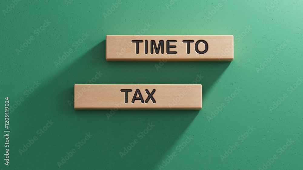 Poster time to tax - text on wooden cubes. wooden cube blocks. copy space.3d rendering on green background.