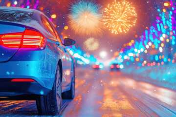 Obraz premium Car driving on snowy winter road during new year's fireworks celebration