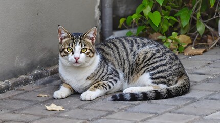 Obraz premium Stray Cat Laying on Ground, Peaceful Feline Urban Wildlife Photography