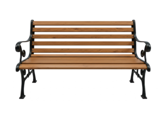 Classic wooden park bench with horizontal slats and decorative metal armrests, isolated on a white background