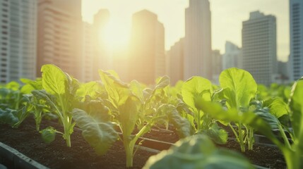 Obraz premium Urban Garden at Sunrise with Bright Green Vegetables