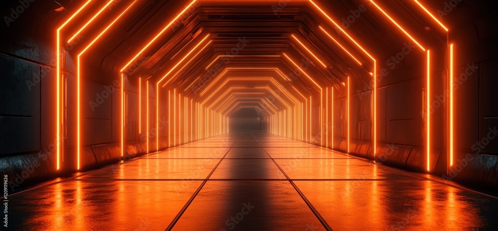 Poster futuristic cyberpunk corridor with neon orange lighting and reflections in 3d rendering