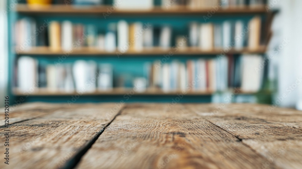 Poster an empty wooden table sits in a cozy cafe, surrounded by bookshelves filled with various books, crea