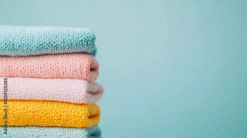 Poster neatly arranged colorful clothes are stacked on a soft blue surface, showcasing vibrant hues that ad