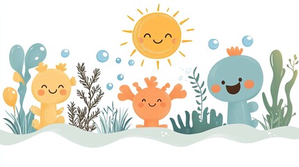 Naklejka premium Happy ocean creatures under sun, border design