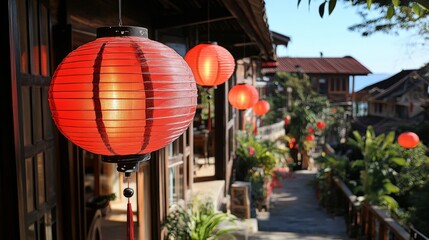 Obraz premium A glowing red Chinese lantern hanging in blurred backdrop with Asian architecture. Lunar New Year