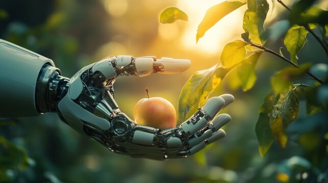 Robotic Hand Gently Holding a Ripe Apple in a Lush Orchard at Golden Hour