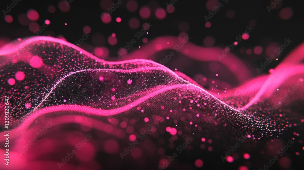 Poster flowing pink soundwave patterns create a captivating digital landscape against a dark backdrop, illu
