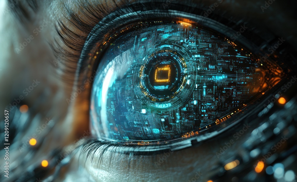 Aufkleber Futuristic Digital Earth View through Cybernetic Eye with Neon Circuit Patterns and Depth Technology