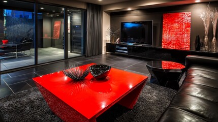 Modern living room featuring striking red decor and sleek furnishings in a contemporary home setting at night