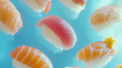 A vibrant display of sushi pieces in a creative arrangement with a focus on colorful textures and fresh ingredients.