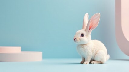 Obraz premium A fluffy white bunny rabbit sits on a pastel blue background, near simple geometric shapes in soft pink and beige hues.