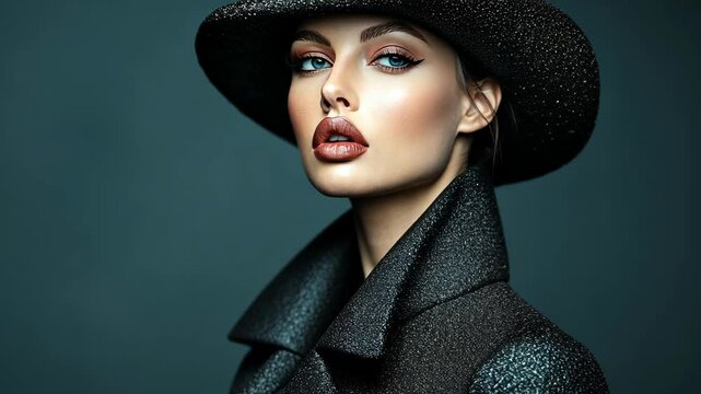 Fashion model showcases elegant style in a dark hat and chic coat against a muted background
