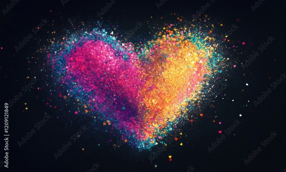 Poster a vibrant heart shape is formed by an explosion of colorful particles, radiating joy and creativity 