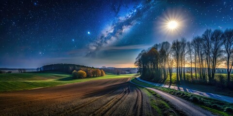 Starry skies over early spring fields and forests, captured by drone at night.