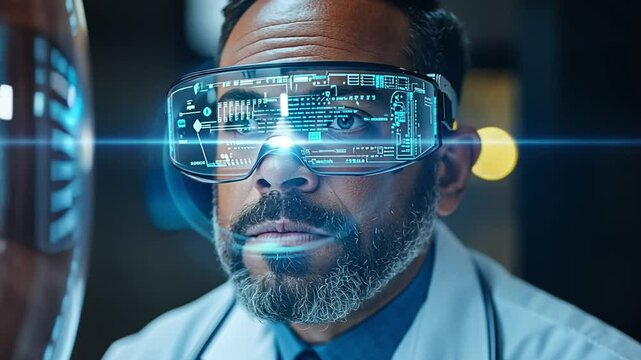 The Future of Healthcare: A doctor wearing futuristic augmented reality goggles, gazing intently at a digital interface, represents a world where technology empowers medicine and pushes boundaries. 