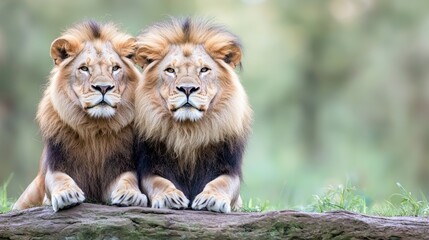 Fototapeta premium Two majestic male lions resting side by side on a rock in the savanna during daytime.